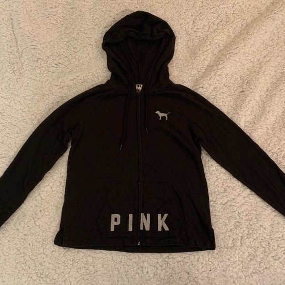 PINK Zip Hooded Black Sweater - Picture 1 of 4